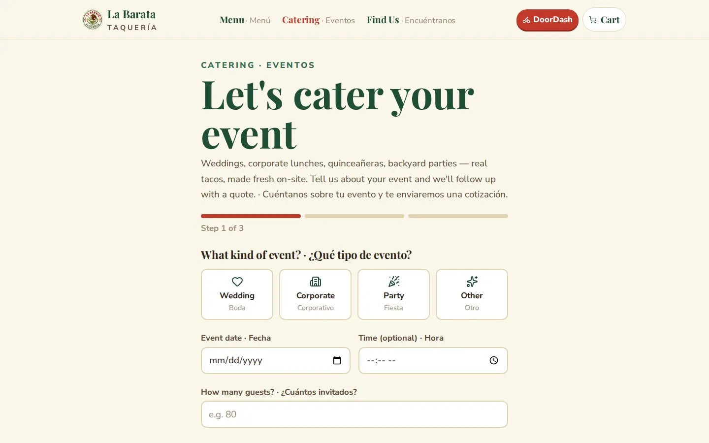 The catering request wizard: event type, date, headcount and contact details, in English and Spanish