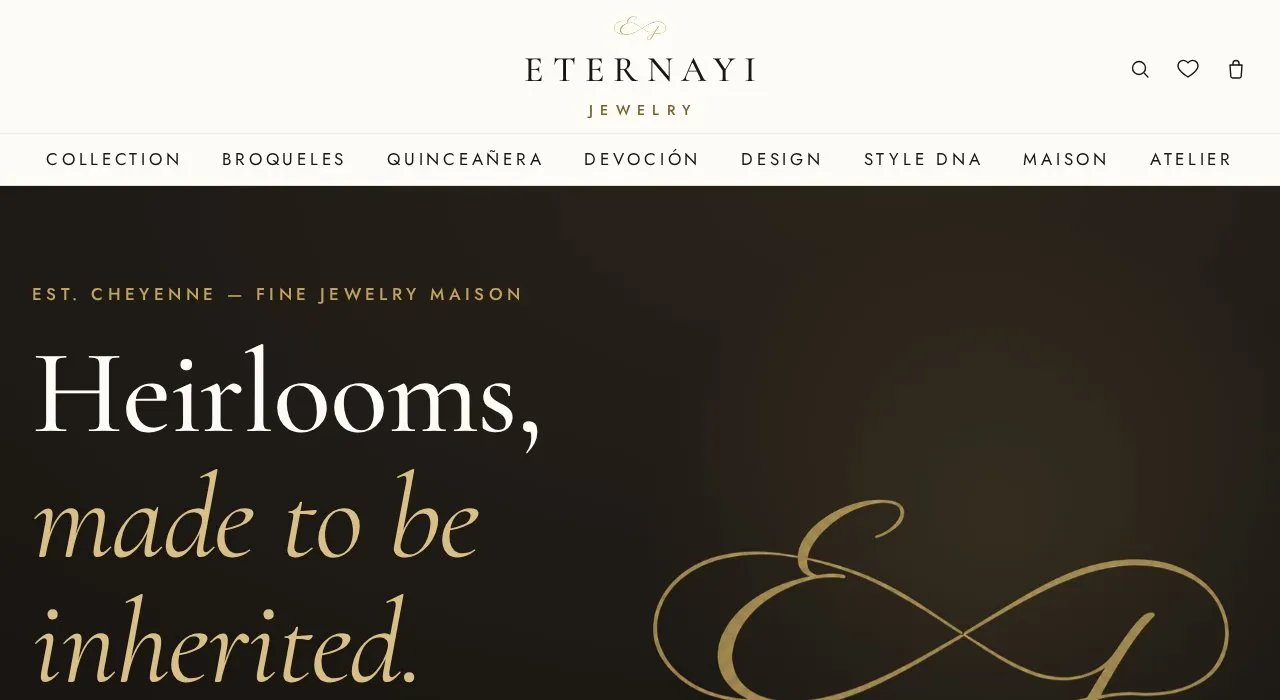 The Eternayi home page: fine-jewelry maison storefront with a gold monogram