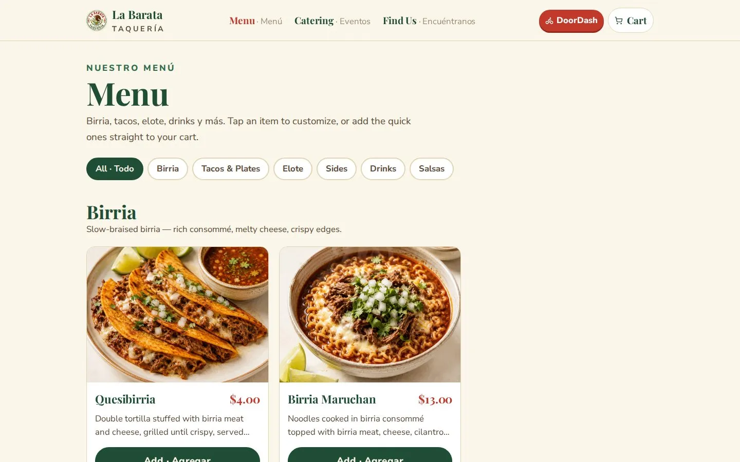 The live menu: birria dishes with photography, prices, category filters, and add-to-cart
