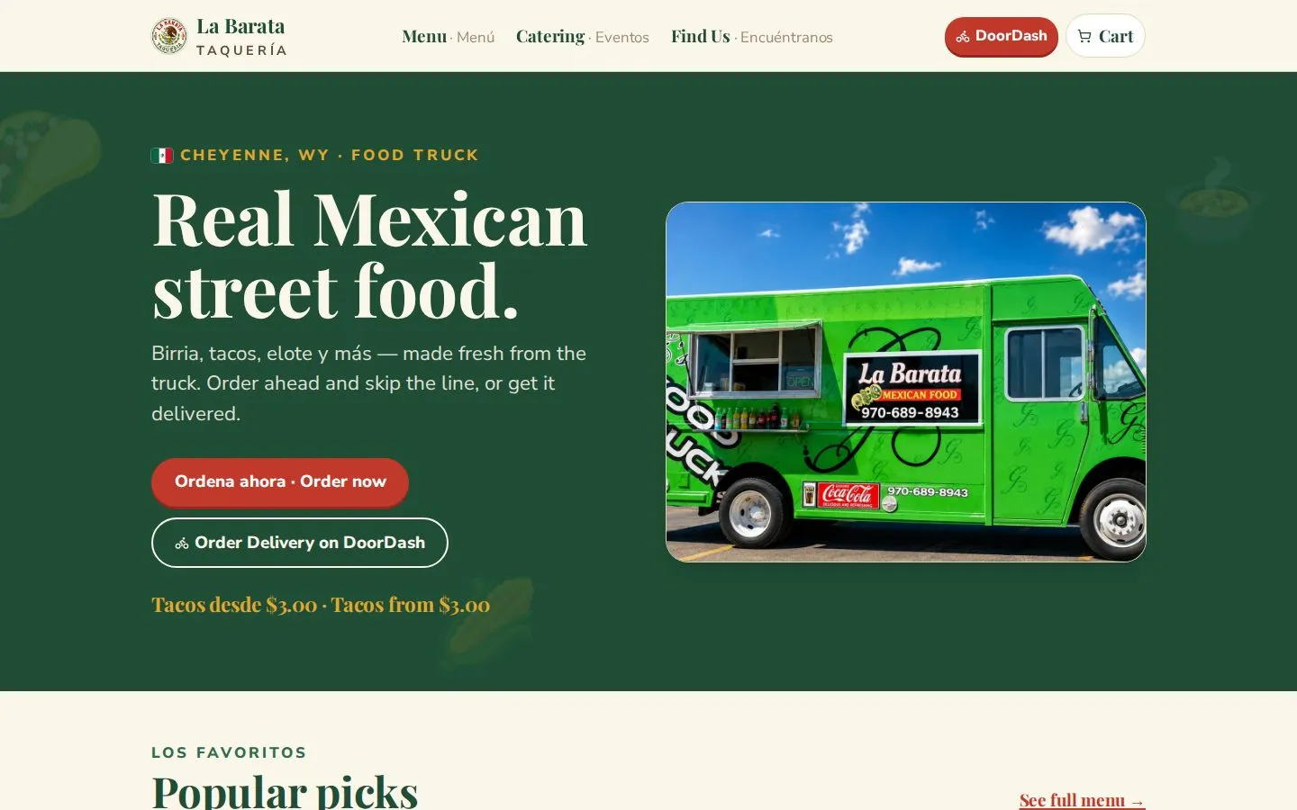 La Barata Taquería's live bilingual storefront
